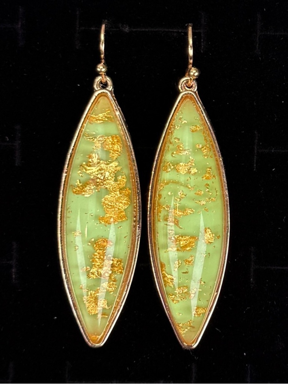 Goldtone Flecks Pale Green Marquise Drop Pierced Earrings